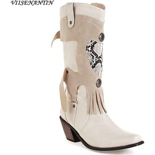 Round Toe Thick Heel Color Matching Boots Autumn and Winter New Style Splicing Tassel Rivet Belt Buckle Sleeve Retro Boots