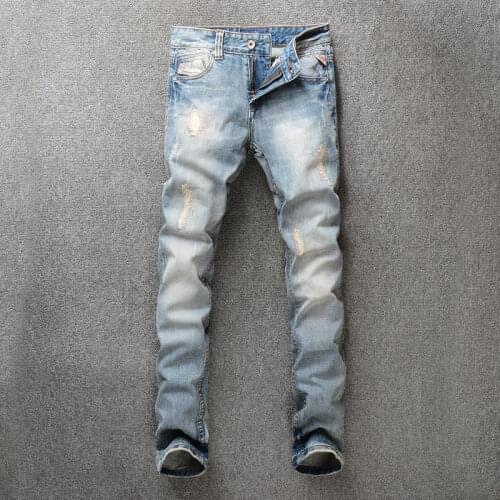 European Street Fashion Men Jeans Retro Light Blue Slim Ripped Jeans Men Embroidery Designer Vintage Casual Cotton Denim Pants
