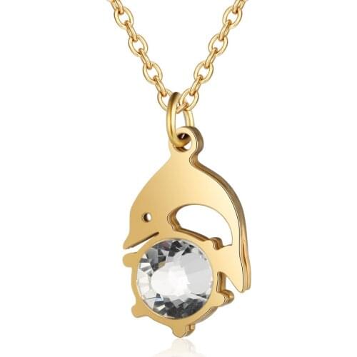 Fnixtar 100% Stainless Steel Dolphin Charm Necklace for Women 7mm Crystal Stone Never Tarnish Real 316 Steel Jewelry Wholesale