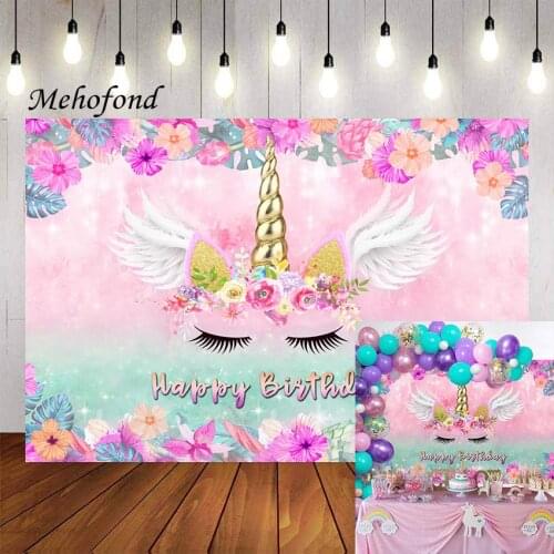 Photography Backdrop Unicorn Wing Rainbow Flowers Happy Birthday Party Background Photo Studio Backdrop Photocall Photo Prop