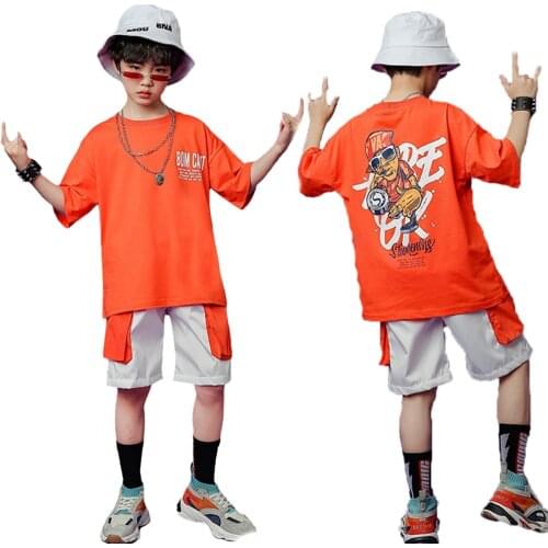Lolanta Kids Boys Casual Daily Hip Hop Clothes Orange T-shirt Top Or Shorts Clothes Streetwear Performance Dance Clothing