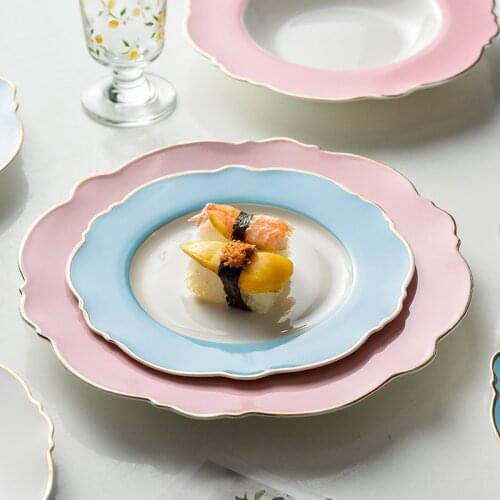 Creative Golden Edge Ceramic Plate Simple Pink Wave Point Flat Plate Steak Dish Girl Heart Dessert Plate Tableware