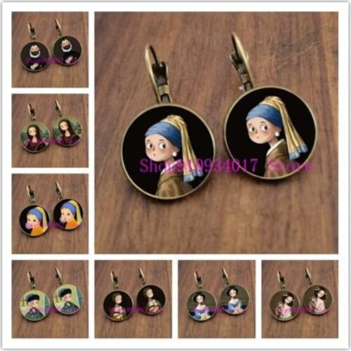 New Van Gogh Art Oil Painting Round Glass Earrings Jewelry Creative Cartoon Series Van Gogh Round Glass Earrings Girl Jewelry