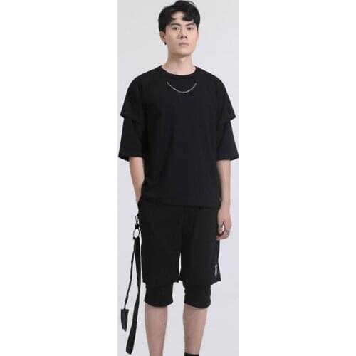 Summer wear, dark personality chain fake two pieces of patchwork casual jacket black t-shirt short-sleeved men
