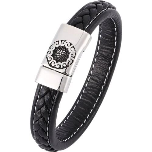 New Design Punk Jewelry Male Black Leather Braided Bracelet Men Magnetic Steel Buckle Man Bracelets Vintage Birthday Gift SP0345
