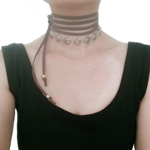 New Arrival 2017 Women Long Leather Rope Necklace Chokers Bohemia Charm Rose Flower Pendant Necklace For Girl collier ras du cou