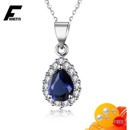 BaliJelry Women Necklace 925 Silver Jewelry with Water Drop Sapphire Zircon Gemstone Pendant Accessories for Wedding Engagement