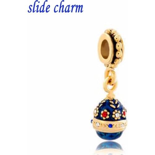 Slide charm wholesale Free shipping blue Easter Faberge Egg Flower Dangle Golden Charm Bracelet Spacers 1