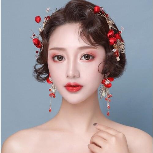 Red Flower Hairpin Headdress Earrings Comb Back Comb Hair Accessories Bridal Wedding Hair Accessories LL@17
