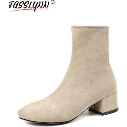 TASSLYNN 2018 Boots Women Stretch Flock Ankle Boots Winter Shoes Women High Heel Square Toe short Plush Snow Boot Big Size 34-43