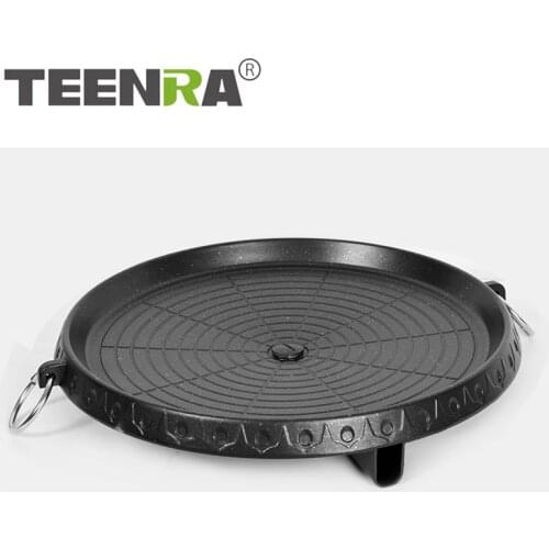 TEENRA Korean Barbecue Plate Non-stick Barbecue Pan Round Korean Baking Tray Outdoor Smokeless BBQ Pan Cookware Accessories