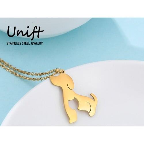 Unift Unique Cute Solid Dog Hollow Cat Animal Pendent Stainless Steel Gold Chain Necklace For Women Romantic Couple Love Jewelry