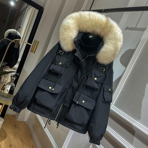 Fad Large Natural Fox Fur Hooded Winter Jackets Women 90% White Duck Down Female Thick Parkas Warm Waterproof Hooded Snow Coats