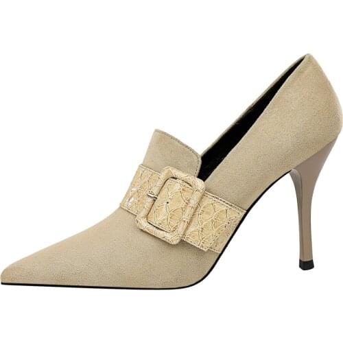 European and American style womens shoes high heel suede sexy nightclub show thin snake line with belt buckle deep single shoe