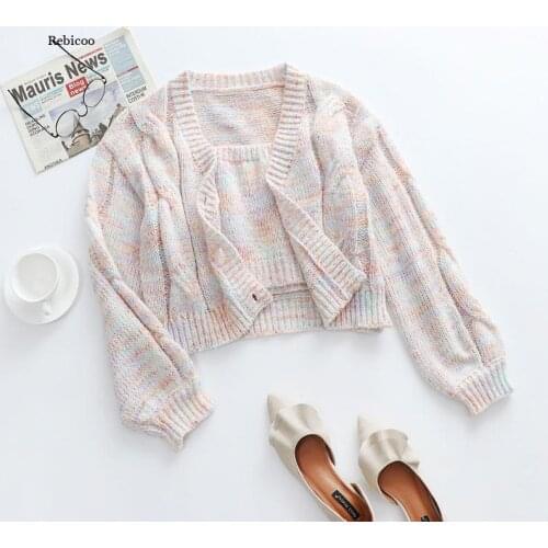 Women High Street Knitted Sweater 2 Piece Top and Vest Set for Women Cropped Long Sleeve Tops New Casual Cardigan Knitwear