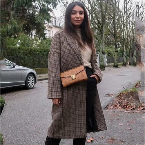 Foridol vintage plaid coffee long wool blend coat autumn winter checkered coat casual streetstyle elegant long coat 2020