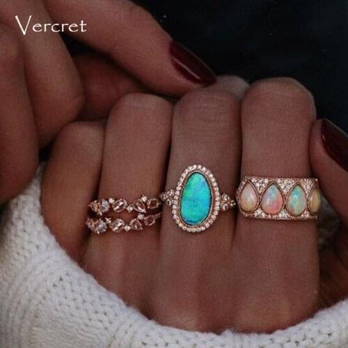 Vercret 925 Sterling Silver Opal Ring For Women Zircon Gold Adjustable Engagement Ring Wedding Jewelry Party Gift