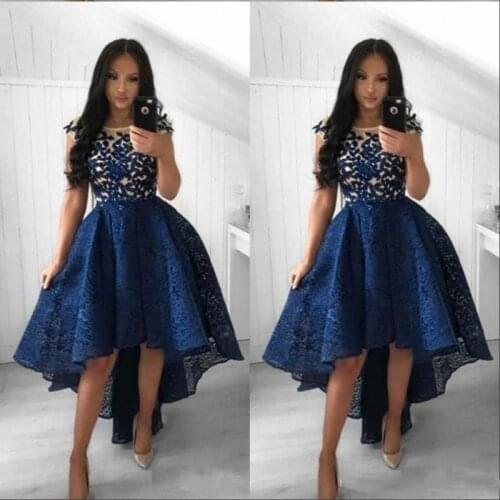 2020 Navy Blue High Lo Prom Dresses A Line Crew Neck Lace Appliques Party Arabic Sleeveless Custom Made Evening Gowns