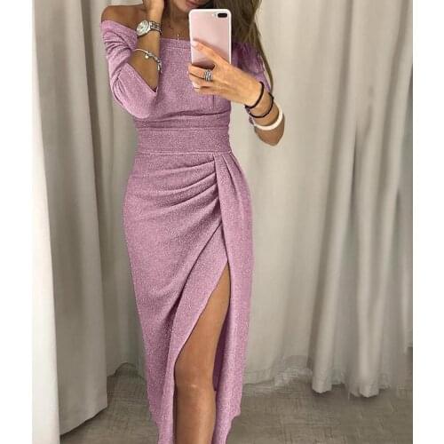 Spring Summer Elegant Evening Party Dress Women Slash Neck Off Shoulder Long Sleeve Dress with Fake Sashes Clothing Fashion Wear