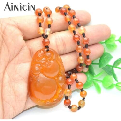 1pcs Natural Red Agate Chalcedony Carved Pendant 24'' Beaded Chain Necklace Ethnic Jewelry for Women and Men
