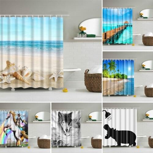 18-types Patterns Waterproof Beach Forest Shower Curtain Polyester Bath Curtains 180*180/200 cm Bathroom Decoration with Hooks