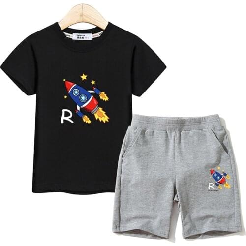 2022 Summer Set Children Costumes Space Rocket T-shirt Thin Cotton Shorts Boys 2pc Suit Kids Cartoon Clothing 2-14T