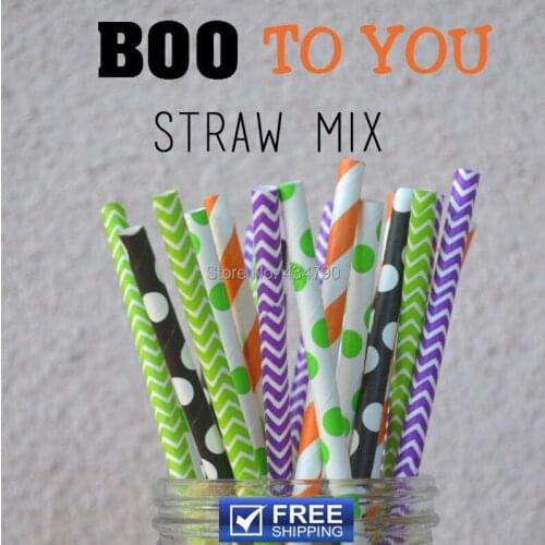 250pcs Mixed 5 Designs Halloween Paper Straws - Boo to You Drinking Straws- Black, Orange, Lime, Deep Purple, Party Decorations