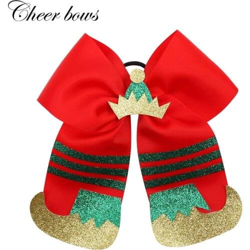 7" Christmas Hair Bows for Girls Ribbon Bowknot Elastic Hair Bands with Glitter Hat Shoes Cheer Bows Xmas Hair Accessories
