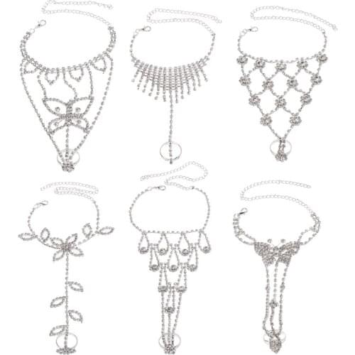 Beach Wedding Barefoot Sandal Foot Chain Crystal Anklet With Rhinestone Toe Ring X7JB