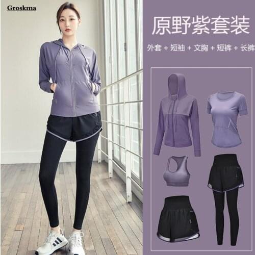 Quick Dry Women Yoga 2/3/4/5 Piece Set Clothing High Waist Pants+T Shirt+Bra+Shorts+Coats Fitness Gym Sports Running Suits