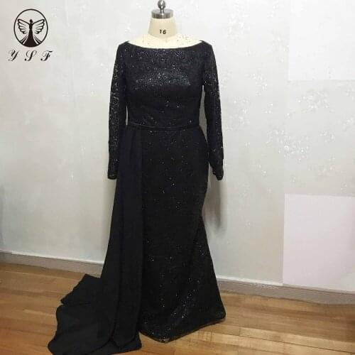 2019 Black O Neck Bling Bling Glitter Fabric Long Sleeve Mermaid Evening Dresses with Train
