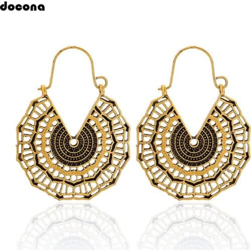 Docona Antique Gold Silver Color Hollow Flower Drop Dangle Earring for Women Abstract Circle Piercing Hook Earring 9032