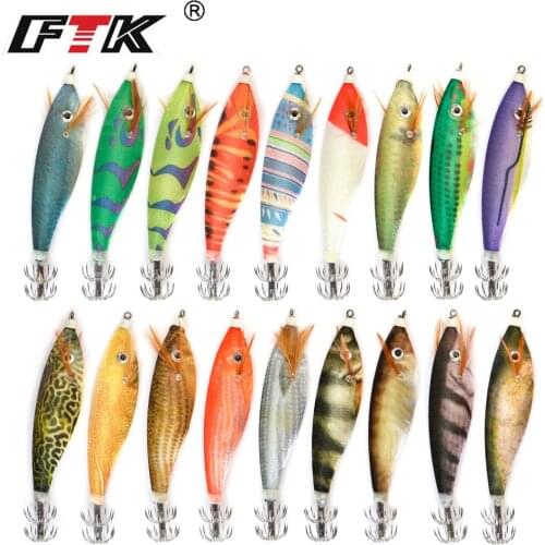 FTK Sea Fishing Lure Squid Hook 9cm 16g Luminous Jigging Octopus Cuttlefish Wood Shrimp Hard Baits 3D Eyes jigs