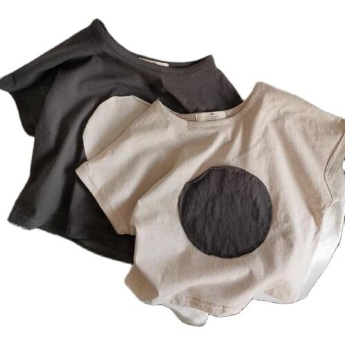 Retro Korean Boys and Girls Unisex Wind Circle Patch Washed Cotton Loose Short Sleeve T-shirt P4149