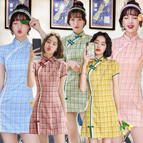 Chinese Dress cotton Vintage Plaid Women Oriental Robe Cheongsam Female China Elegant Casual Party Modern Mini Qipao