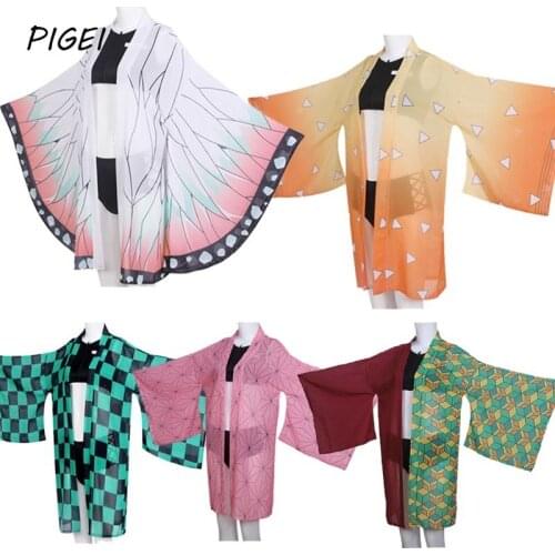 Anime Demon Slayer Cosplay Kimetsu No Yaiba Kamado Tanjirou Two Piece V Neck Bathing Suit Swimsuit with Sheer Kimono Cardigan