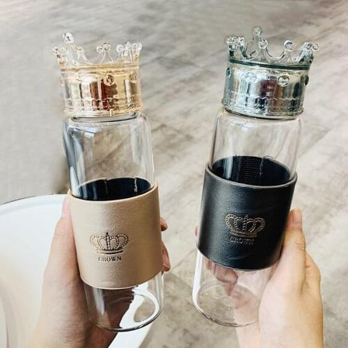 Fashion Glass Water Bottle Cup Crown Lid Body Cover Heat Resistant New Arrival glass drinking water bottle glass with bullet