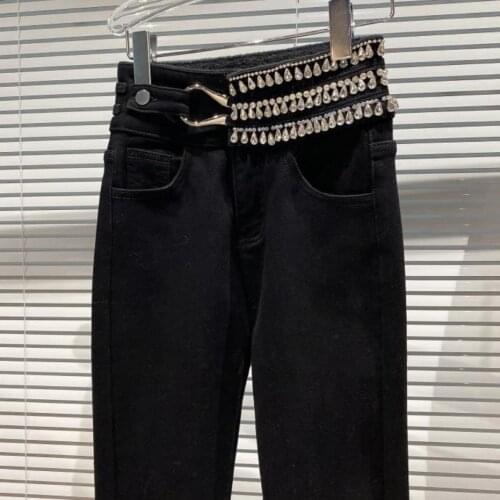 Fashion Rhinestone diamond jeans women winter high wasit plus velvet skinny pencil jeans