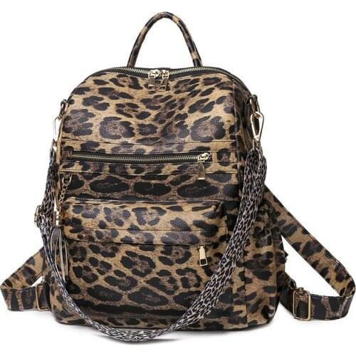 New Fashion Designer Leopard Shoulder Backpack PU Leather Ladies Tassel Cheetah Travel Backpack Leopard Strap Shoulder Bag
