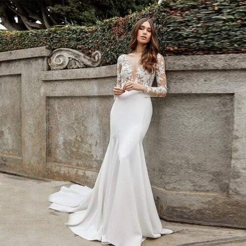 Charming V-Neck Mermaid Wedding Dresses Long Sleeve Appliques Vestidos De Novia 2020 illusion Back Bridal Gowns