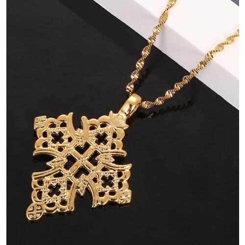 Ethiopia Cross Pendant Necklace for Women Men Gold Color Trendy African Ethnic Chain Jewelry