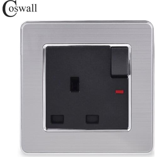 COSWALL Stainless Steel Panel 13A UK Standard Switched Socket with Neon Wall Outlet Grounded With Children Protective Door