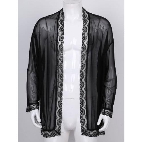 Men Mesh Transparent Pyjamas Top Gay Lace Sexy Erotic Lingerie Sissy Cardigan Sleepwear Nightgown Honeymoon Valentine Day Gift