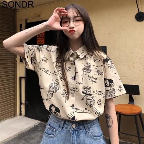 Vintage Printing Short Sleeve Shirt Women Top Summer 2021 New Sweet Girlish Style Loose All-Match Fashion Design Shirts Blouse