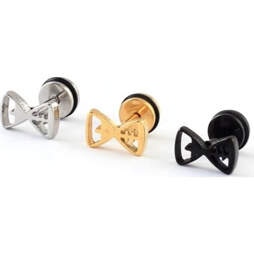 2 pieces Steel Black Gold titanium Steel Hourglass bows Bowknot Men Women Ear stud Earrings for men women unisex type ear plug