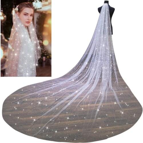 Bridal Veil Long Sparkly Bling Bling White Champagne Cathedral Shiny Wedding Veil With Comb 3.5Meters One Layer velo de novia