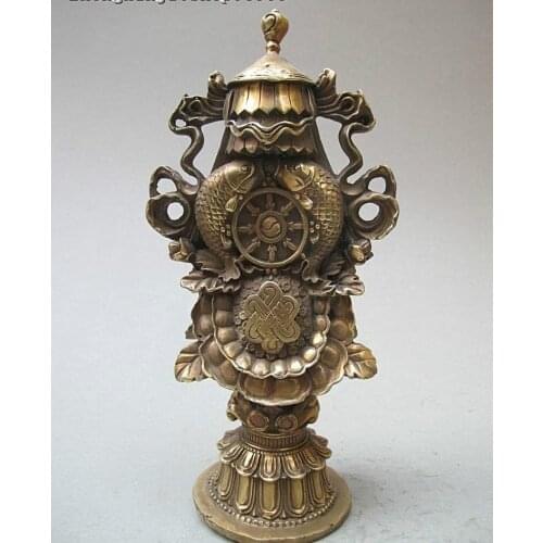 Tibet Buddhism pure Brass carve Lucky Eight treasures Auspicious Fish Statue
