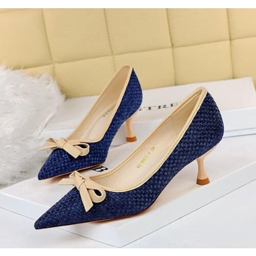 Womens Weaving Kitten Heels Size 40 Blue Bow Patchwork Ladies Shoes 34 Mixed Color Sweet Heeled Bowknot Elegent Weave Pumps 6cm