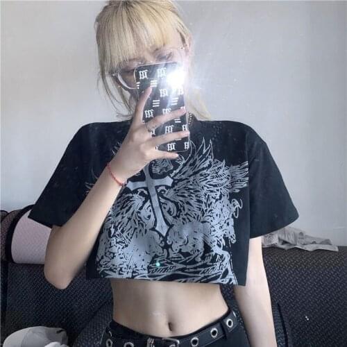 Fashion Short Sleeve T-Shirt Women 2021 Summer Punk Pattern Printed Round Neck Crop Tops Casual Loose Shirts Female