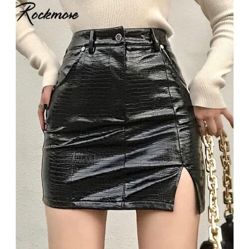 Rockmore Faux Pu Leather Black Sexy Split Mini Skirts Women High Waist Skirt Night Out Ladies Casual Party 2020 Summer Fashion